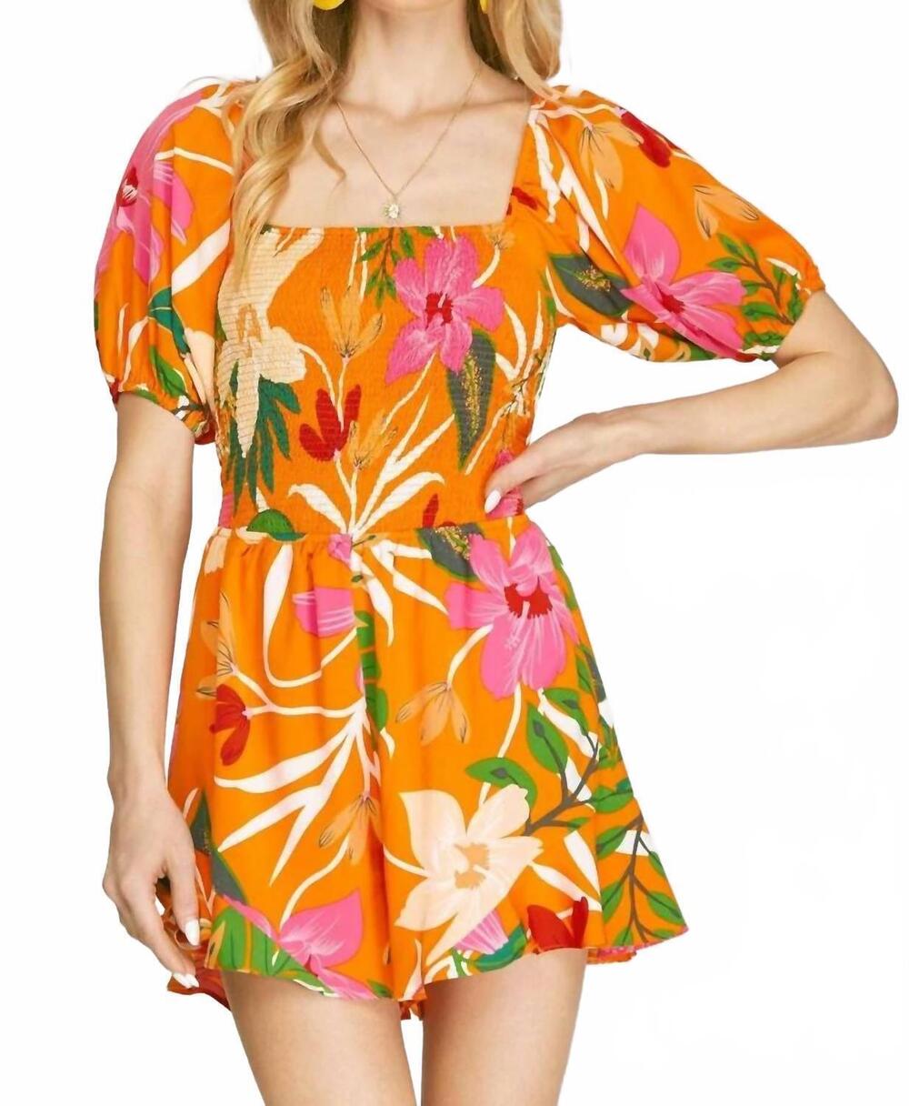 NEW SHE + SKY tropical paradise square neck smoked woven romper in orange